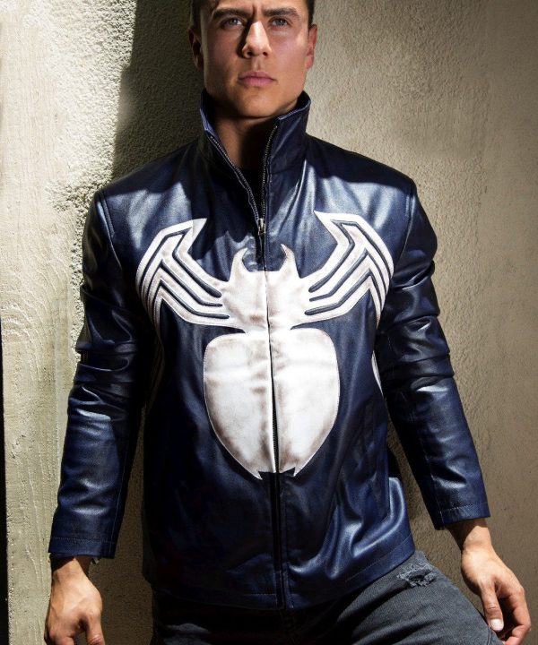 Mens Spiderman Venom Leather Jacket Blue Weathered