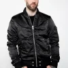 mens black satin bomber jacket with rushed sleeves