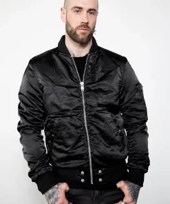 mens black satin bomber jacket with rushed sleeves