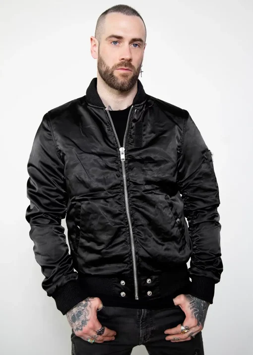 mens black satin bomber jacket with rushed sleeves