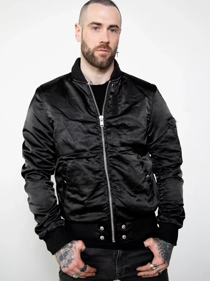 mens black satin bomber jacket with rushed sleeves