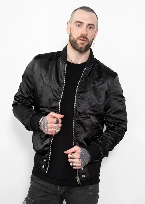 black aviator satin bomber jacket