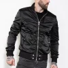 black shiny satin bomber for mens