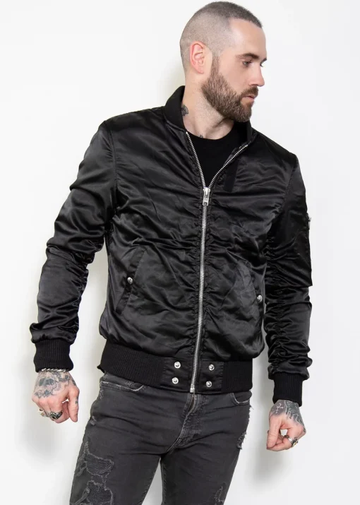 black shiny satin bomber for mens