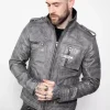 mens gray military style distressed leather jacket