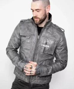 mens gray military style distressed leather jacket