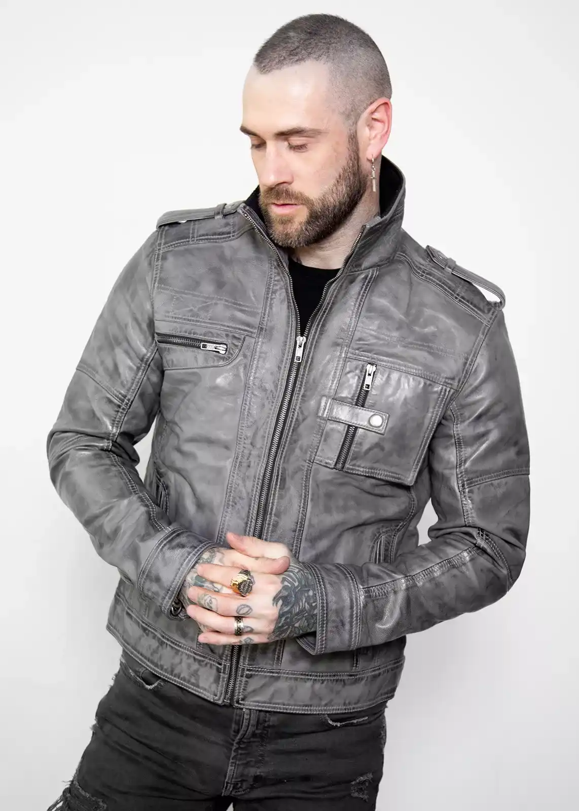 Buy Men's Gray Military Style Distressed Leather Jacket