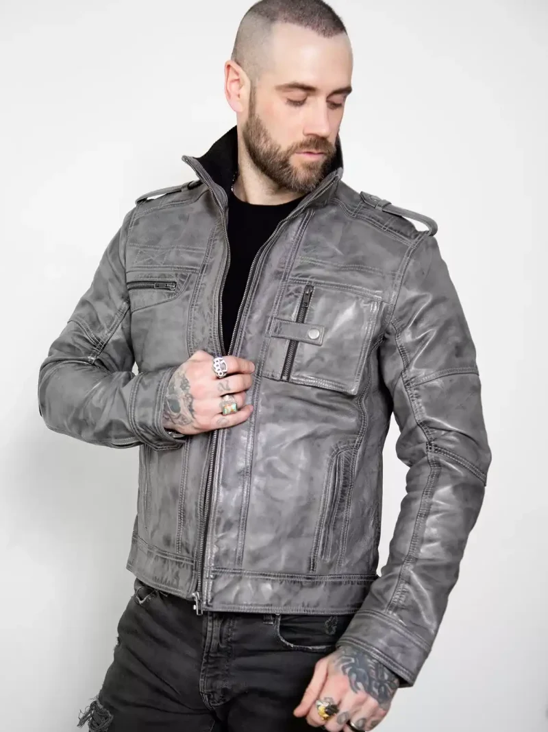 mens gray distressed leather jacket