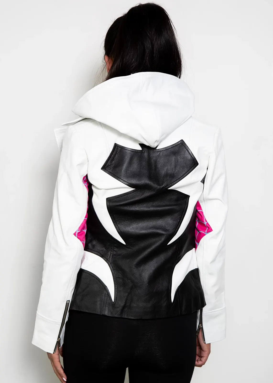spider gwen hooded jacket white pink leather