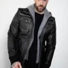 Mens Black Hooded Bomber Jacket