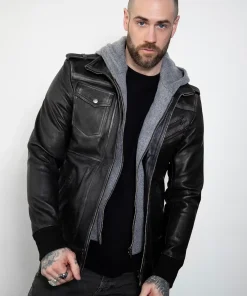 Mens Black Hooded Bomber Jacket