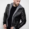 Distressed Leather Black Hooded Bomber Jacket