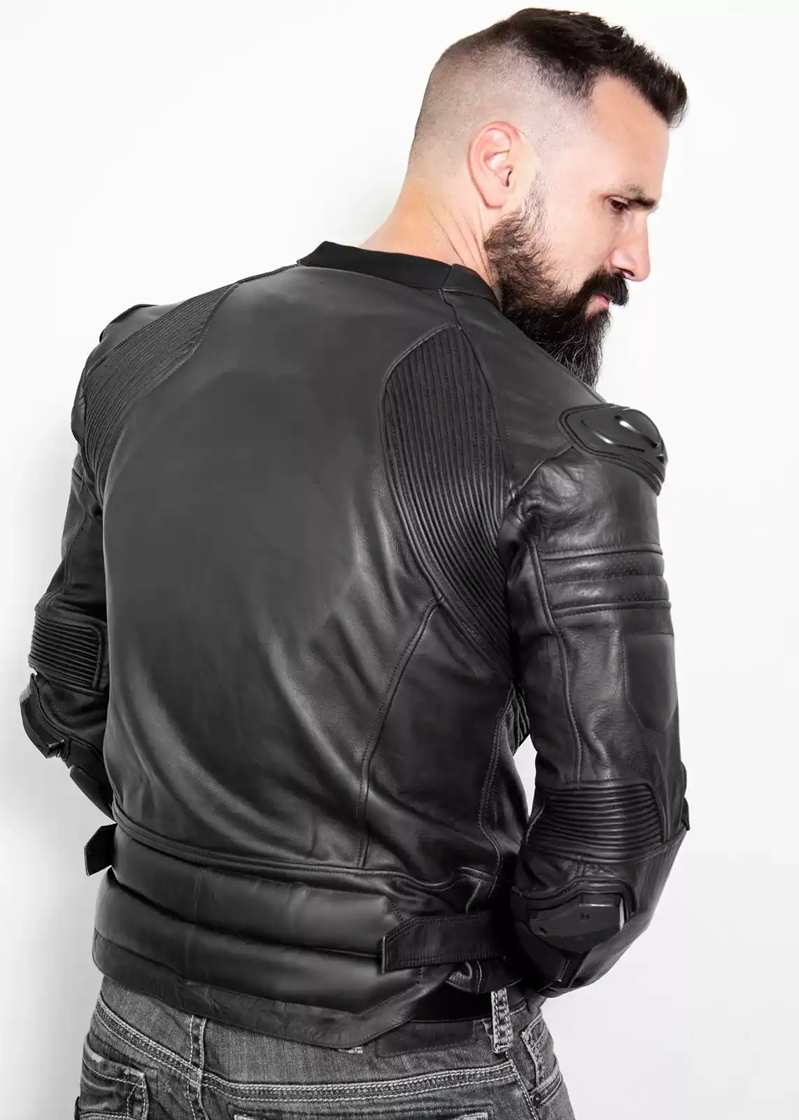 black motorcycle body armor leather jacket