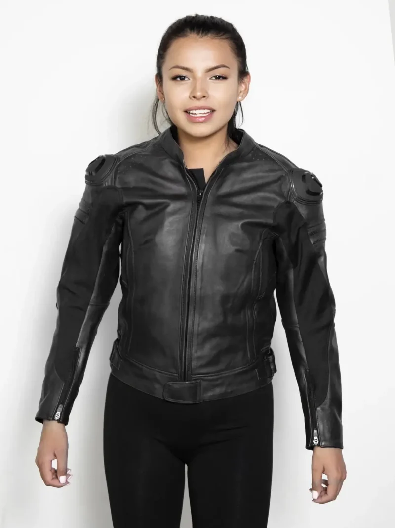 Womens Black Motorcycle Leather Jacket with Armor
