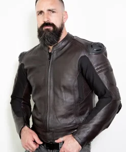 Brown leather motorcycle jacket with armor
