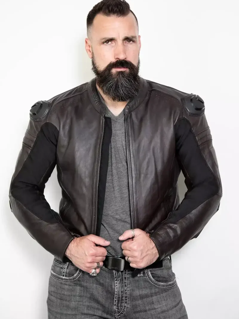 Mens leather motorcycle jacket with armor