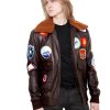 Top Gun Brown Leather Jacket with Patches