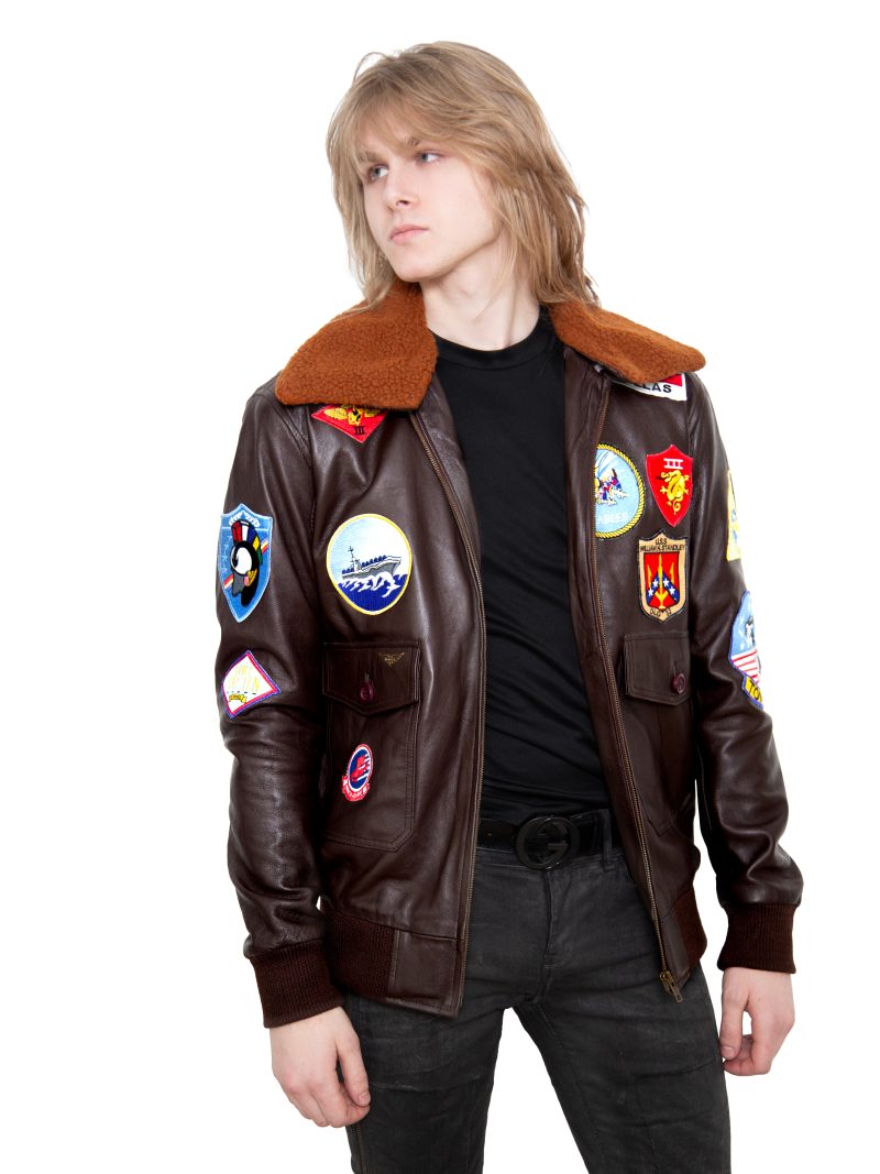 Top Gun Brown Leather Jacket with Patches