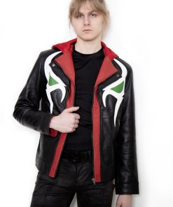 (Front): Photo of a model wearing a black leather jacket. The jacket is a motorcycle cut with a red hood and a red leather lining that is visible inside the cuffs and the folded down collar. There is also a strip of red leather either side of the front zipper. Where breast pockets typically would be on a jacket, there are [handpainted/patched] green eyes surrounded by white details. The collar has metal pop buttons to hold it in place. (Back): Photo of the same black leather jacket with a red hood. The jacket is a motorcycle cut. The inside of the hood has a mesh lining.