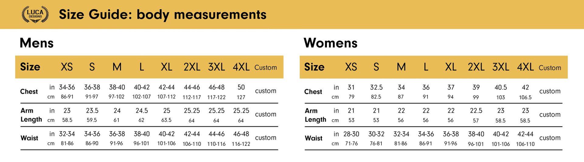 Sizing chart