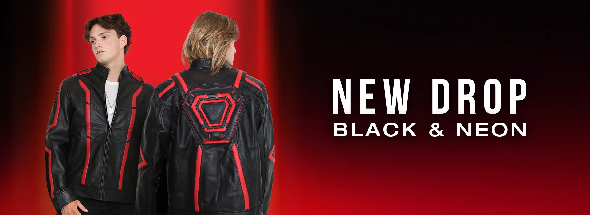 Models wearing the Black and Neon Futuristic Tech men's leather jacket, shown from the front and back