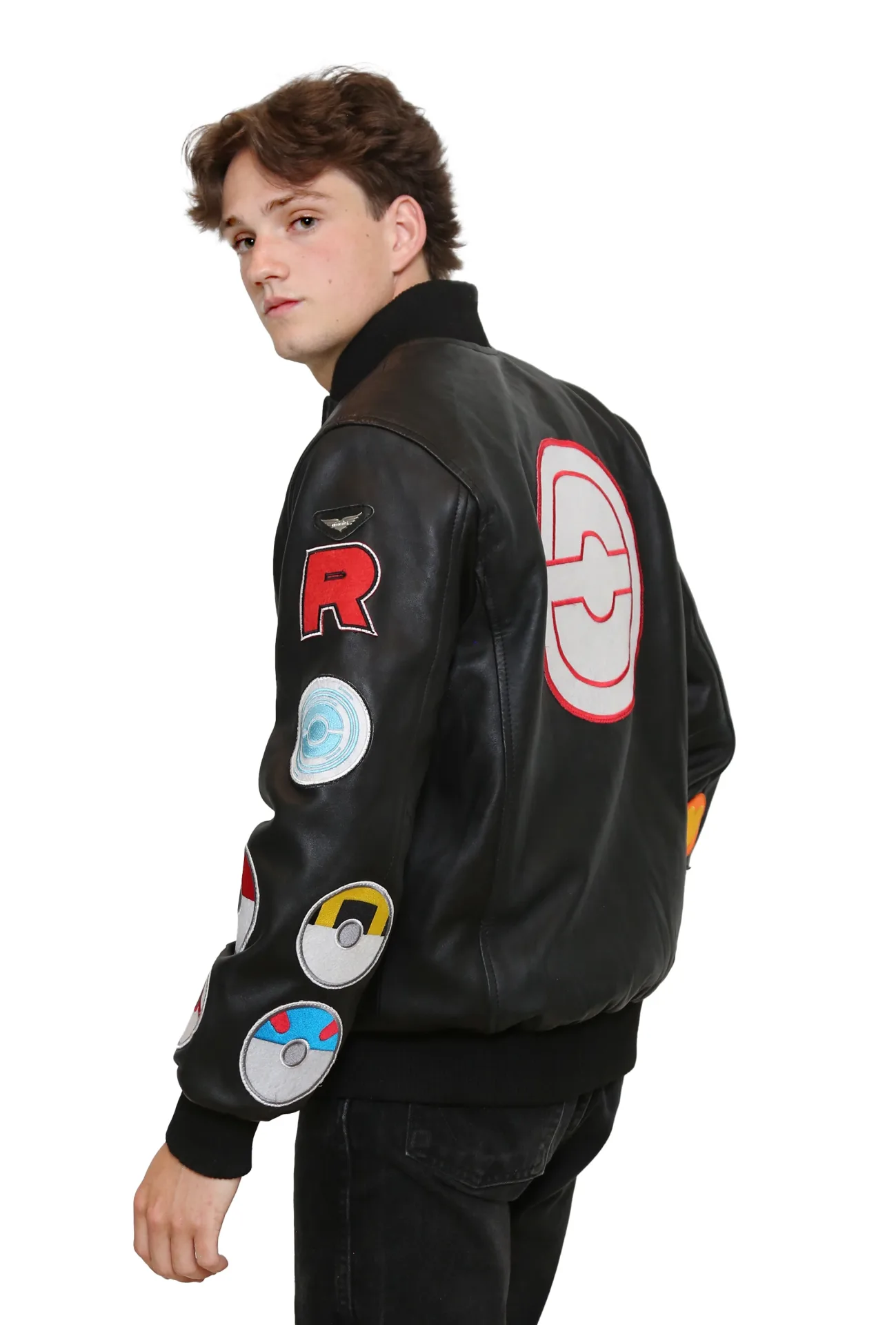Black Leather Retro Monster Gaming Bomber Jacket