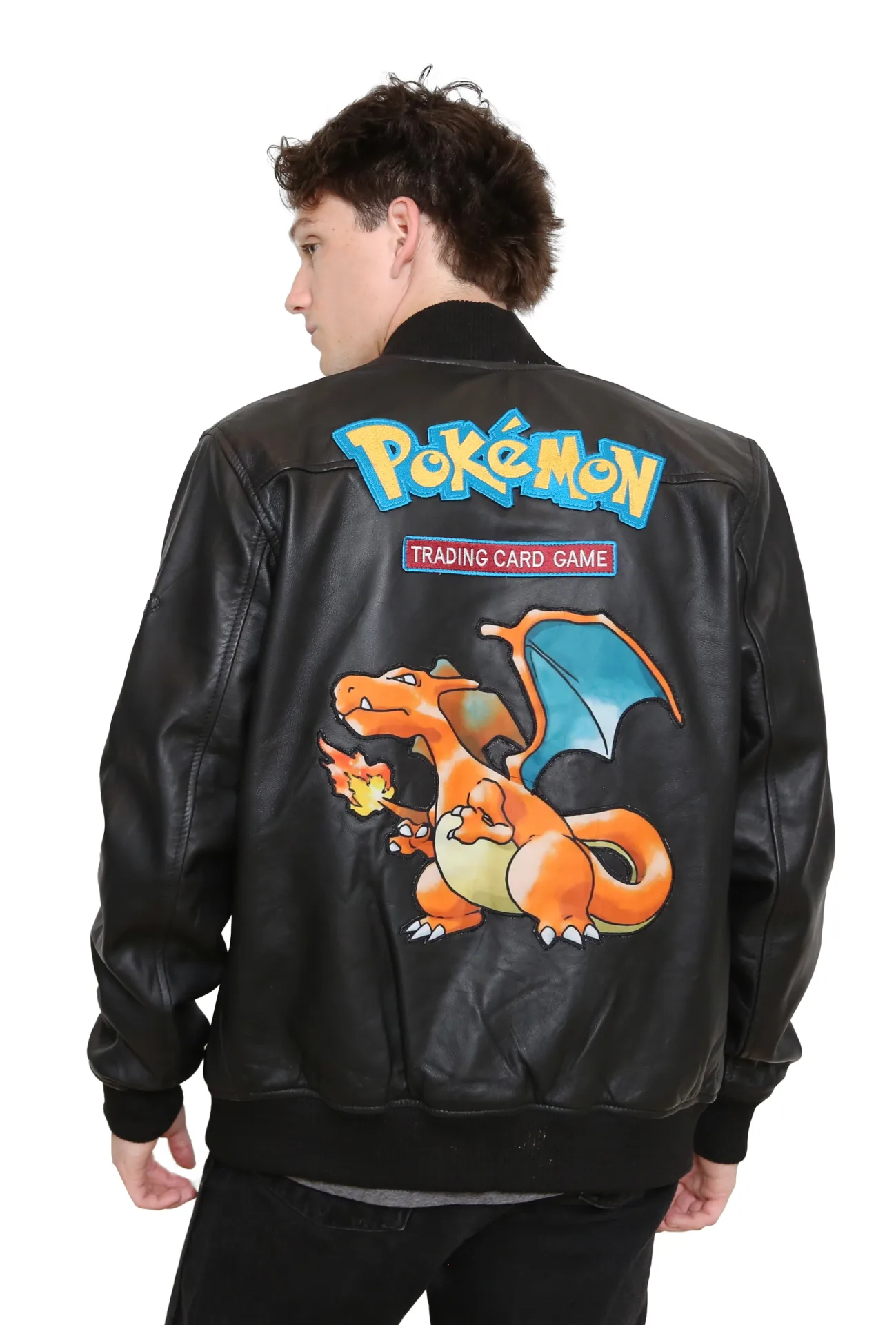 Black Leather Fire Dragon Bomber Jacket