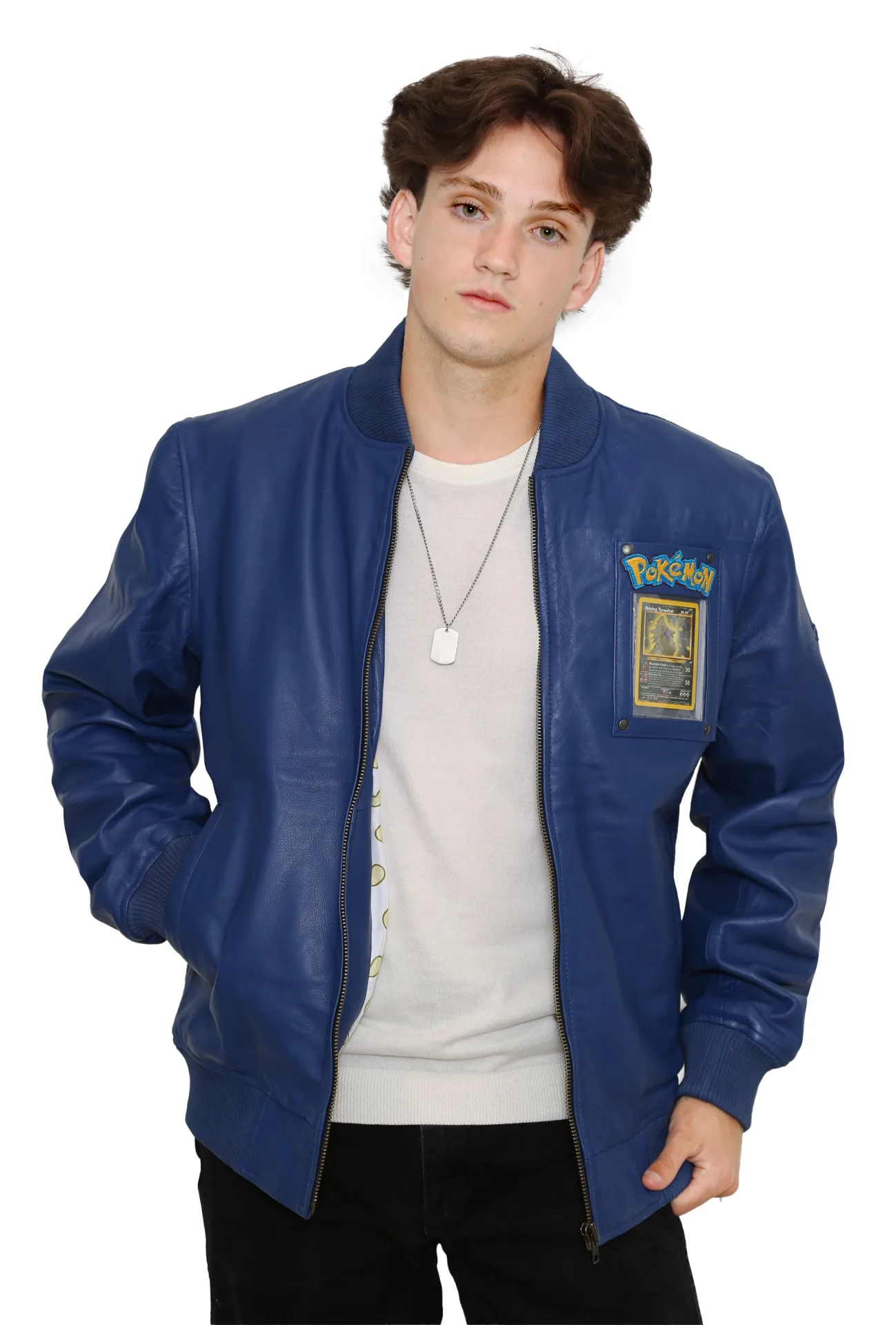 Blue Leather Armored Water Turtle Bomber Jacket