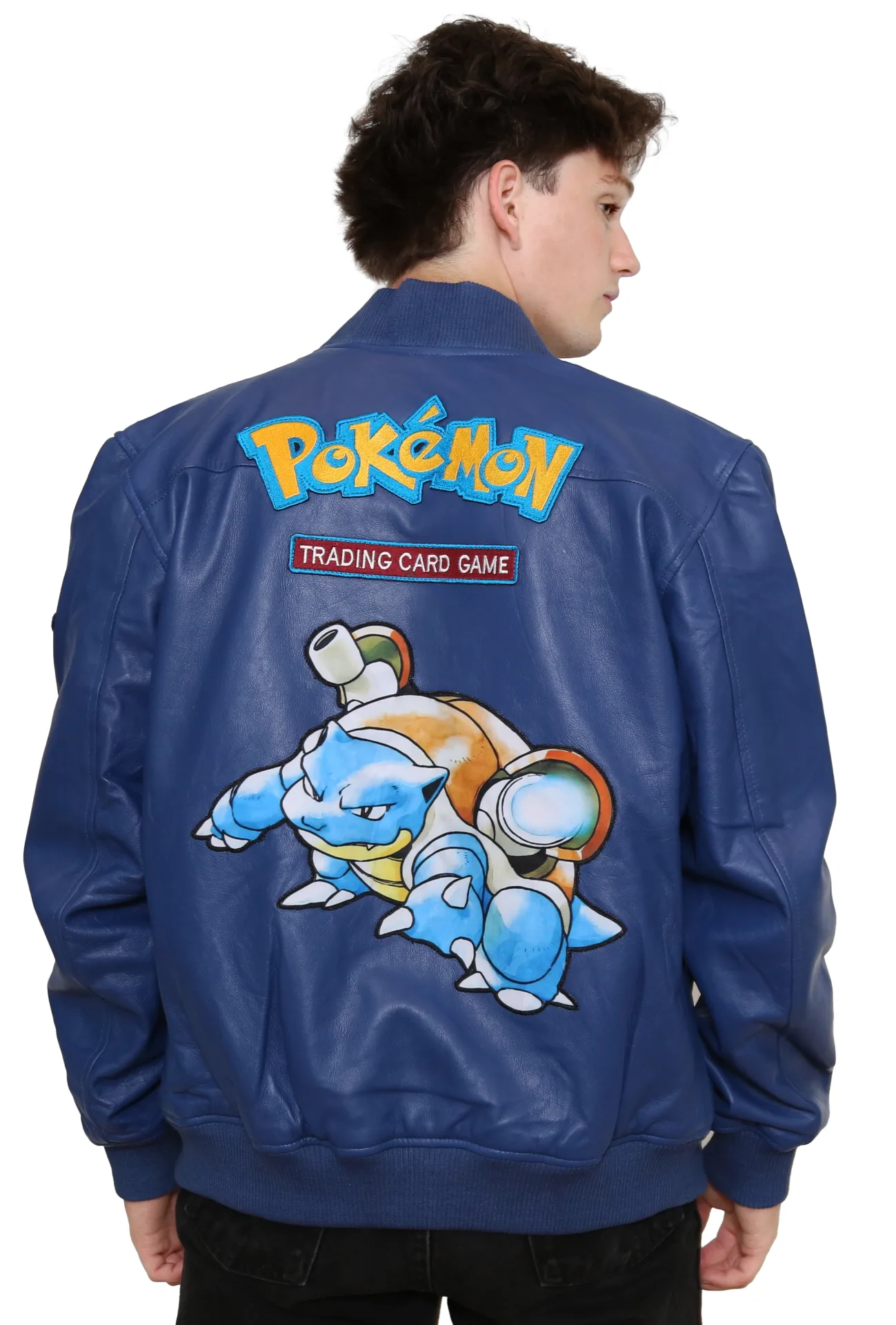 Blue Leather Armored Water Turtle Bomber Jacket
