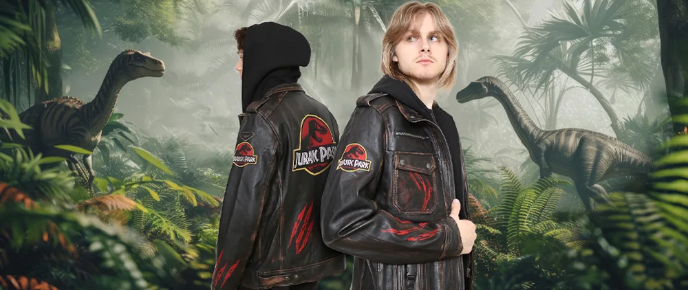 Model wearing the Lost World Dinosaur Adventure men's leather jacket